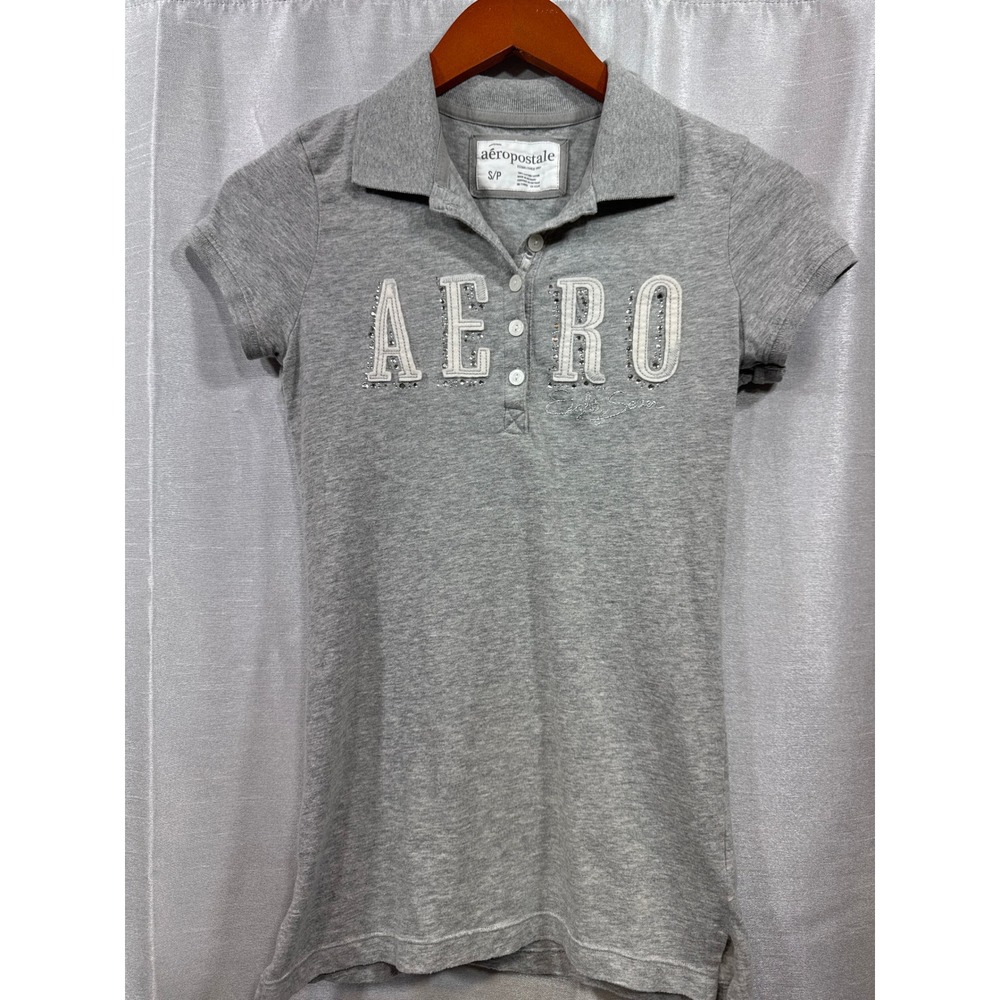 Aeropostale Womens Gray Rhinestone AERO Logo Polo Shirt Short Sleeve Size S